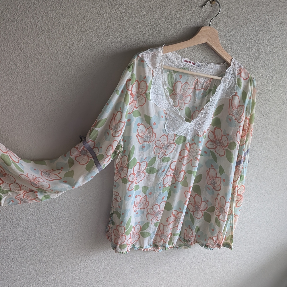 Johnny Was Floral Lace Trim Blouse
